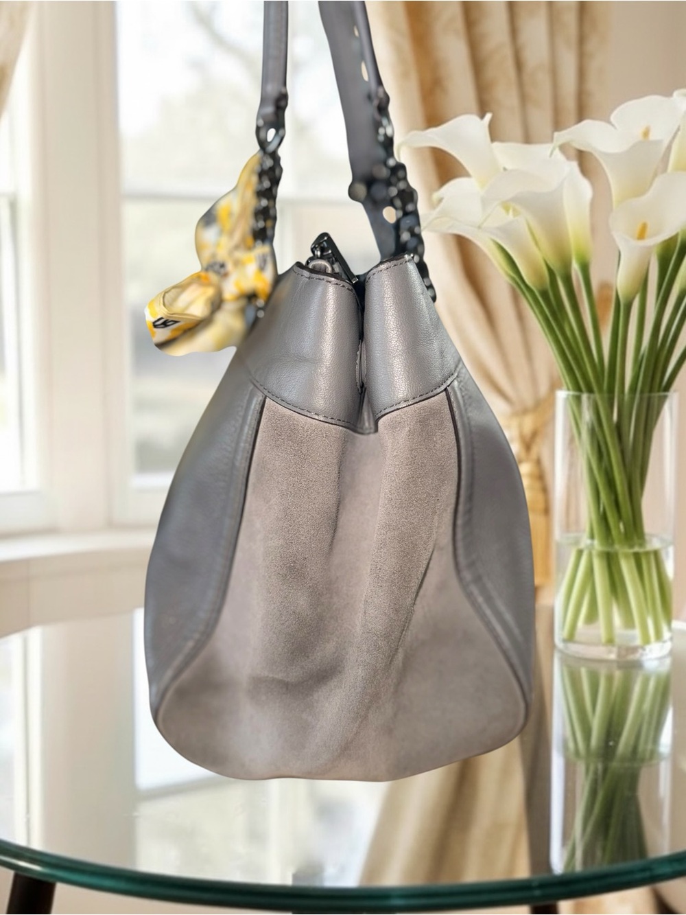 Coach Eddie Grey Pebbled Leather w. Suede Panels Turnlock Shoulder Bag - Picture 5 of 12